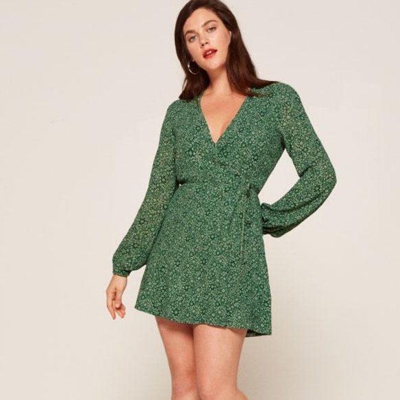 Like New Reformation Green Rosebud Mini Wrap Dress - Picture 5 of 13